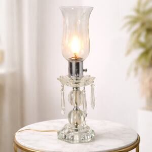 Vintage 70s Victorian Crystal Hurricane Lamp Prisms Etched Glass 15”